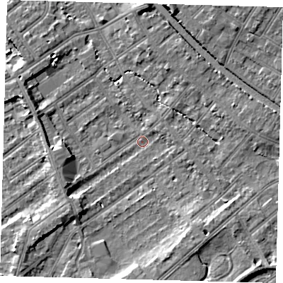 Shaded relief map of the ground around CR77BQ, computed from Environment Agency LiDAR. The ground here sits at about 44 m above sea level and falls 9 m across the surrounding 800 m. Surface water reaching this point runs off ground lying to the south-south-east, 5.6 m higher.