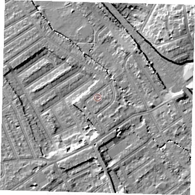 Shaded relief map of the ground around CR77DA, computed from Environment Agency LiDAR. The ground here sits at about 45 m above sea level and falls 17 m across the surrounding 800 m. Surface water reaching this point runs off ground lying to the south, 2.3 m higher.