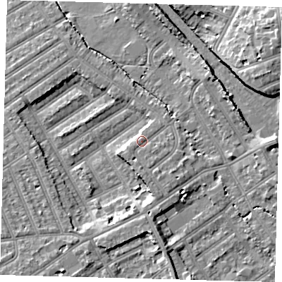 Shaded relief map of the ground around CR77DB, computed from Environment Agency LiDAR. The ground here sits at about 45 m above sea level and falls 15 m across the surrounding 800 m. Surface water reaching this point runs off ground lying to the south, 5.0 m higher.