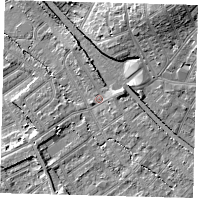 Shaded relief map of the ground around CR77JA, computed from Environment Agency LiDAR. The ground here sits at about 45 m above sea level and falls 21 m across the surrounding 800 m. Surface water reaching this point runs off ground lying to the north-north-west, 4.6 m higher.