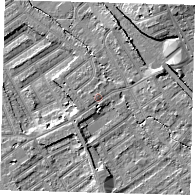 Shaded relief map of the ground around CR77JB, computed from Environment Agency LiDAR. The ground here sits at about 46 m above sea level and falls 16 m across the surrounding 800 m. Surface water reaching this point runs off ground lying to the west-south-west, 1.4 m higher.
