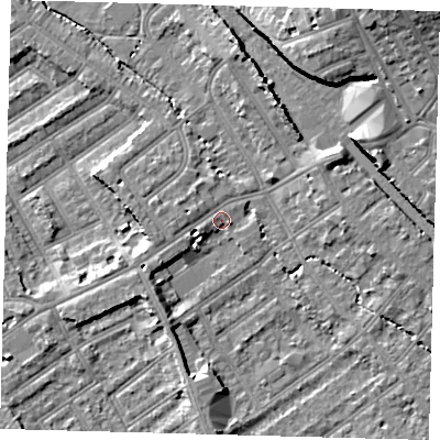 Shaded relief map of the ground around CR77JH, computed from Environment Agency LiDAR. The ground here sits at about 45 m above sea level and falls 16 m across the surrounding 800 m. Surface water reaching this point runs off ground lying to the south-west, 4.3 m higher.