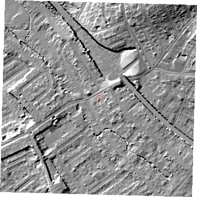 Shaded relief map of the ground around CR77JJ, computed from Environment Agency LiDAR. The ground here sits at about 45 m above sea level and falls 19 m across the surrounding 800 m. Surface water reaching this point runs off ground lying to the north-east, 3.5 m higher.