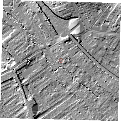 Shaded relief map of the ground around CR77RA, computed from Environment Agency LiDAR. The ground here sits at about 45 m above sea level and falls 18 m across the surrounding 800 m. Surface water reaching this point runs off ground lying to the east, 4.8 m higher.