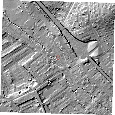 Shaded relief map of the ground around CR77RD, computed from Environment Agency LiDAR. The ground here sits at about 44 m above sea level and falls 22 m across the surrounding 800 m. Surface water reaching this point runs off ground lying to the east, 6.6 m higher.