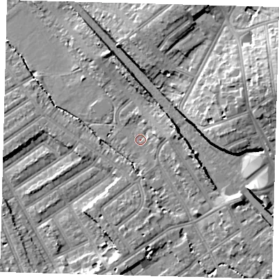 Shaded relief map of the ground around CR77RE, computed from Environment Agency LiDAR. The ground here sits at about 43 m above sea level and falls 19 m across the surrounding 800 m. Surface water reaching this point runs off ground lying to the east, 3.9 m higher.