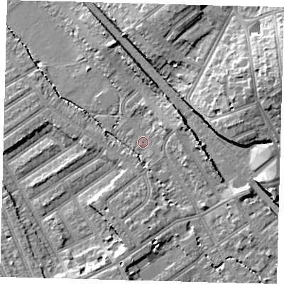 Shaded relief map of the ground around CR77RF, computed from Environment Agency LiDAR. The ground here sits at about 43 m above sea level and falls 19 m across the surrounding 800 m. Surface water reaching this point runs off ground lying to the east-south-east, 7.0 m higher.