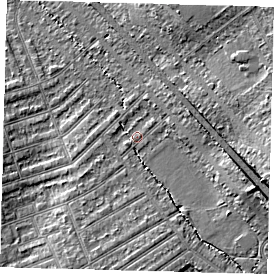 Shaded relief map of the ground around CR77RG, computed from Environment Agency LiDAR. The ground here sits at about 40 m above sea level and falls 13 m across the surrounding 800 m. Surface water reaching this point runs off ground lying to the east-south-east, 8.9 m higher.