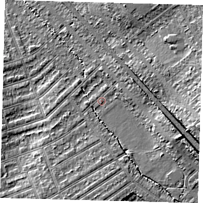 Shaded relief map of the ground around CR77RJ, computed from Environment Agency LiDAR. The ground here sits at about 40 m above sea level and falls 14 m across the surrounding 800 m. Surface water reaching this point runs off ground lying to the east-south-east, 9.1 m higher.