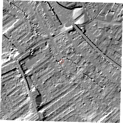 Shaded relief map of the ground around CR77RY, computed from Environment Agency LiDAR. The ground here sits at about 45 m above sea level and falls 15 m across the surrounding 800 m. Surface water reaching this point runs off ground lying to the south, 2.5 m higher.