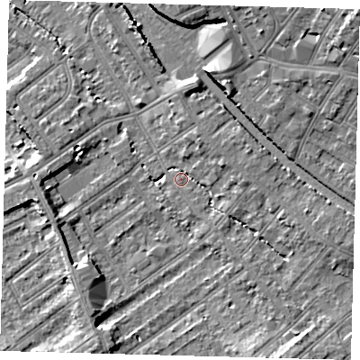 Shaded relief map of the ground around CR77RZ, computed from Environment Agency LiDAR. The ground here sits at about 45 m above sea level and falls 18 m across the surrounding 800 m. Surface water reaching this point runs off ground lying to the east-north-east, 4.8 m higher.