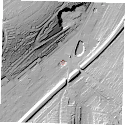 Shaded relief map of the ground around CR81HA, computed from Environment Agency LiDAR. The ground here sits at about 57 m above sea level and falls 47 m across the surrounding 800 m. Surface water reaching this point runs off ground lying to the south-east, 26.4 m higher.