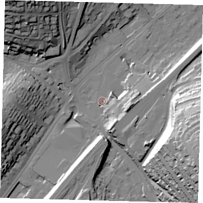 Shaded relief map of the ground around CR82AA, computed from Environment Agency LiDAR. The ground here sits at about 65 m above sea level and falls 59 m across the surrounding 800 m. Surface water reaching this point runs off ground lying to the east-south-east, 14.7 m higher.