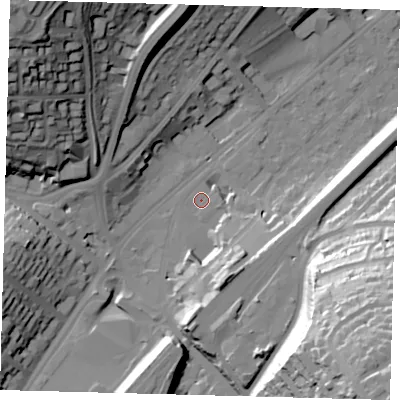 Shaded relief map of the ground around CR82AB, computed from Environment Agency LiDAR. The ground here sits at about 63 m above sea level and falls 62 m across the surrounding 800 m. Surface water reaching this point runs off ground lying to the south-south-east, 14.2 m higher.
