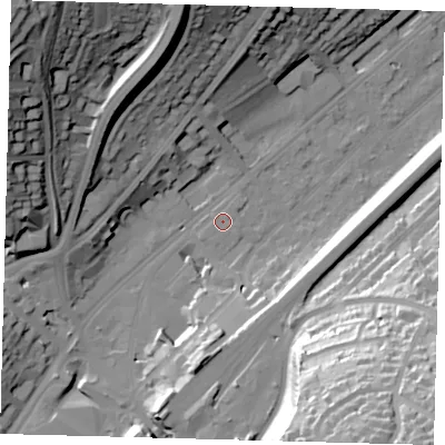 Shaded relief map of the ground around CR82AD, computed from Environment Agency LiDAR. The ground here sits at about 63 m above sea level and falls 58 m across the surrounding 800 m. Surface water reaching this point runs off ground lying to the south-west, 1.1 m higher.