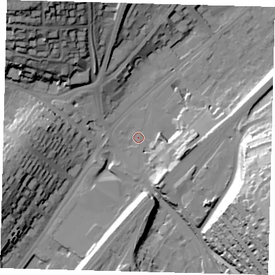 Shaded relief map of the ground around CR82AF, computed from Environment Agency LiDAR. The ground here sits at about 64 m above sea level and falls 58 m across the surrounding 800 m. Surface water reaching this point runs off ground lying to the east-south-east, 56.6 m higher.