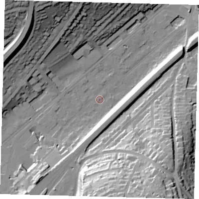 Shaded relief map of the ground around CR82AS, computed from Environment Agency LiDAR. The ground here sits at about 61 m above sea level and falls 54 m across the surrounding 800 m. Surface water reaching this point runs off ground lying to the south-west, 14.8 m higher.