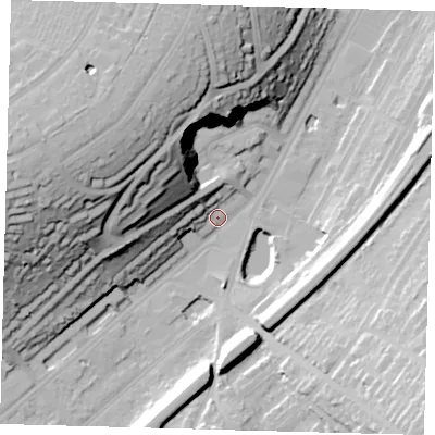 Shaded relief map of the ground around CR82BA, computed from Environment Agency LiDAR. The ground here sits at about 60 m above sea level and falls 47 m across the surrounding 800 m. Surface water reaching this point runs off ground lying to the west-north-west, 44.1 m higher.