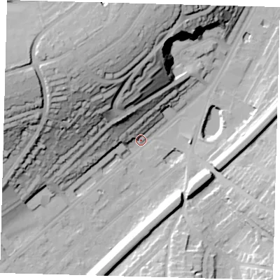 Shaded relief map of the ground around CR82BB, computed from Environment Agency LiDAR. The ground here sits at about 61 m above sea level and falls 48 m across the surrounding 800 m. Surface water reaching this point runs off ground lying to the west-north-west, 43.8 m higher.