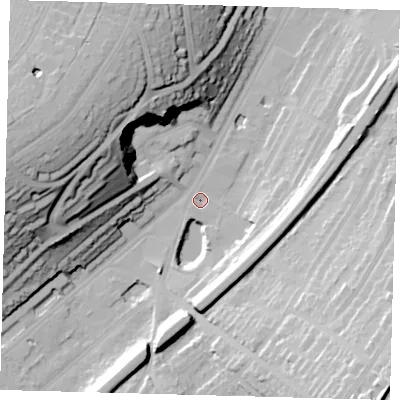 Shaded relief map of the ground around CR82BG, computed from Environment Agency LiDAR. The ground here sits at about 58 m above sea level and falls 46 m across the surrounding 800 m. Surface water reaching this point runs off ground lying to the south-east, 27.5 m higher.