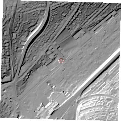 Shaded relief map of the ground around CR82BH, computed from Environment Agency LiDAR. The ground here sits at about 63 m above sea level and falls 50 m across the surrounding 800 m. Surface water reaching this point runs off ground lying to the north-north-west, 33.2 m higher.