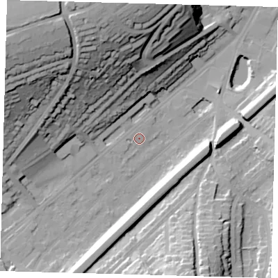 Shaded relief map of the ground around CR82BL, computed from Environment Agency LiDAR. The ground here sits at about 61 m above sea level and falls 48 m across the surrounding 800 m. Surface water reaching this point runs off ground lying to the north-west, 0.9 m higher.