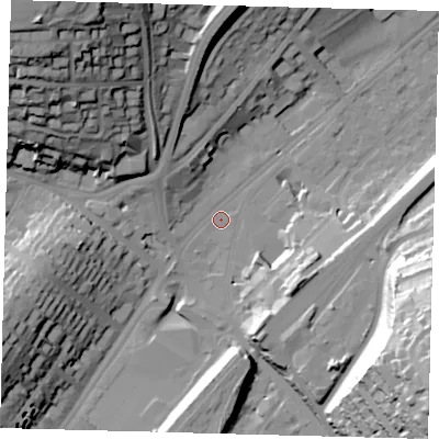 Shaded relief map of the ground around CR82BP, computed from Environment Agency LiDAR. The ground here sits at about 64 m above sea level and falls 57 m across the surrounding 800 m. Surface water reaching this point runs off ground lying to the north-west, 49.1 m higher.
