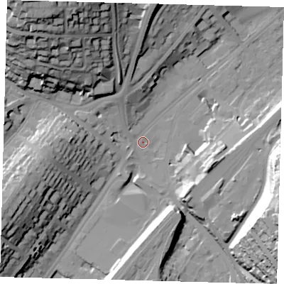 Shaded relief map of the ground around CR82BQ, computed from Environment Agency LiDAR. The ground here sits at about 64 m above sea level and falls 53 m across the surrounding 800 m. Surface water reaching this point runs off ground lying to the east-south-east, 52.1 m higher.