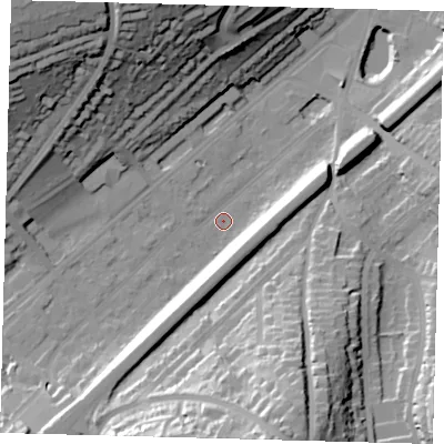 Shaded relief map of the ground around CR82BS, computed from Environment Agency LiDAR. The ground here sits at about 61 m above sea level and falls 47 m across the surrounding 800 m. Surface water reaching this point runs off ground lying to the south-west, 14.3 m higher.