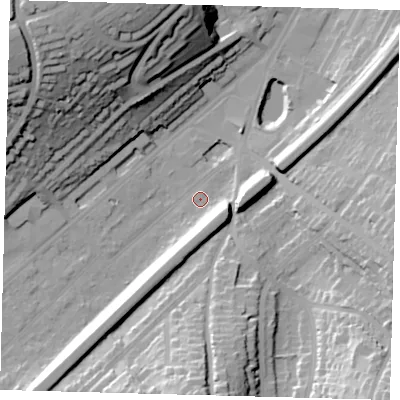 Shaded relief map of the ground around CR82BT, computed from Environment Agency LiDAR. The ground here sits at about 61 m above sea level and falls 48 m across the surrounding 800 m. Surface water reaching this point runs off ground lying to the south, 11.7 m higher.