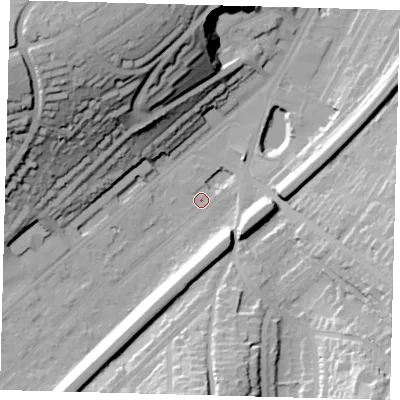 Shaded relief map of the ground around CR82BW, computed from Environment Agency LiDAR. The ground here sits at about 60 m above sea level and falls 48 m across the surrounding 800 m. Surface water reaching this point runs off ground lying to the south-east, 28.7 m higher.
