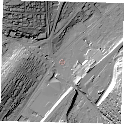 Shaded relief map of the ground around CR82BX, computed from Environment Agency LiDAR. The ground here sits at about 64 m above sea level and falls 54 m across the surrounding 800 m. Surface water reaching this point runs off ground lying to the east-south-east, 53.4 m higher.