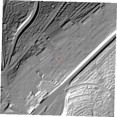 Shaded relief map of the ground around CR82BY, computed from Environment Agency LiDAR. The ground here sits at about 62 m above sea level and falls 55 m across the surrounding 800 m. Surface water reaching this point runs off ground lying to the south-south-west, 14.0 m higher.