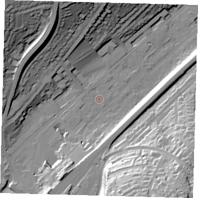 Shaded relief map of the ground around CR82BZ, computed from Environment Agency LiDAR. The ground here sits at about 62 m above sea level and falls 54 m across the surrounding 800 m. Surface water reaching this point runs off ground lying to the south-south-west, 14.1 m higher.