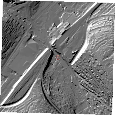 Shaded relief map of the ground around CR82DA, computed from Environment Agency LiDAR. The ground here sits at about 66 m above sea level and falls 63 m across the surrounding 800 m. Surface water reaching this point runs off ground lying to the east-south-east, 59.1 m higher.
