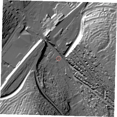 Shaded relief map of the ground around CR82DB, computed from Environment Agency LiDAR. The ground here sits at about 67 m above sea level and falls 65 m across the surrounding 800 m. Surface water reaching this point runs off ground lying to the east-south-east, 58.8 m higher.