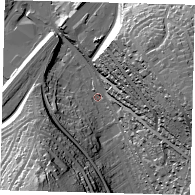 Shaded relief map of the ground around CR82DD, computed from Environment Agency LiDAR. The ground here sits at about 67 m above sea level and falls 68 m across the surrounding 800 m. Surface water reaching this point runs off ground lying to the east, 62.6 m higher.