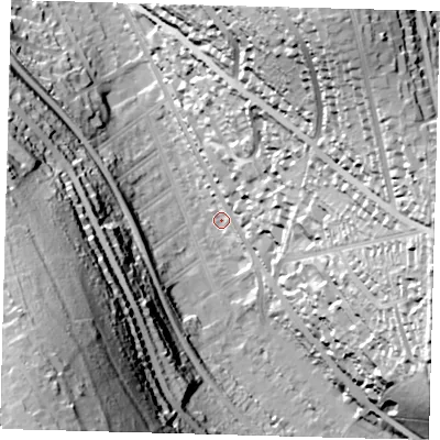 Shaded relief map of the ground around CR82DF, computed from Environment Agency LiDAR. The ground here sits at about 71 m above sea level and falls 69 m across the surrounding 800 m. Surface water reaching this point runs off ground lying to the east, 52.0 m higher.