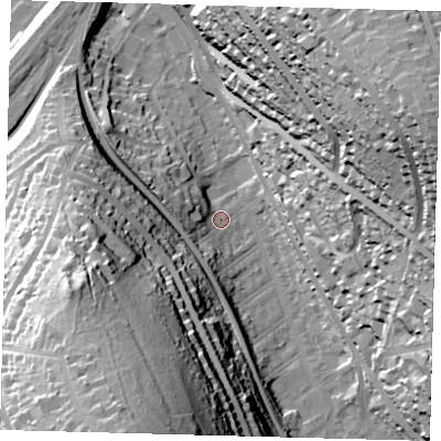 Shaded relief map of the ground around CR82DG, computed from Environment Agency LiDAR. The ground here sits at about 70 m above sea level and falls 67 m across the surrounding 800 m. Surface water reaching this point runs off ground lying to the west, 9.9 m higher.