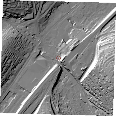 Shaded relief map of the ground around CR82DH, computed from Environment Agency LiDAR. The ground here sits at about 66 m above sea level and falls 59 m across the surrounding 800 m. Surface water reaching this point runs off ground lying to the east, 11.3 m higher.