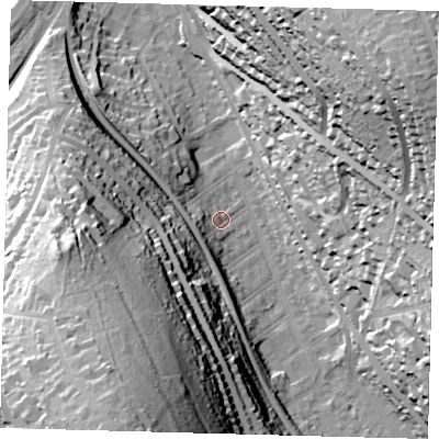 Shaded relief map of the ground around CR82DP, computed from Environment Agency LiDAR. The ground here sits at about 71 m above sea level and falls 68 m across the surrounding 800 m. Surface water reaching this point runs off ground lying to the west-south-west, 8.4 m higher.