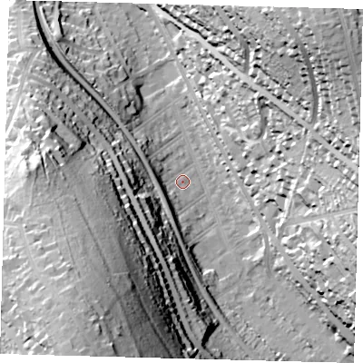 Shaded relief map of the ground around CR82DQ, computed from Environment Agency LiDAR. The ground here sits at about 71 m above sea level and falls 69 m across the surrounding 800 m. Surface water reaching this point runs off ground lying to the south-west, 8.3 m higher.