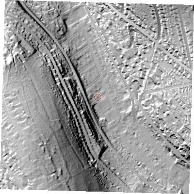 Shaded relief map of the ground around CR82DS, computed from Environment Agency LiDAR. The ground here sits at about 71 m above sea level and falls 70 m across the surrounding 800 m. Surface water reaching this point runs off ground lying to the west-south-west, 8.1 m higher.
