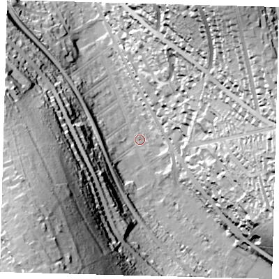 Shaded relief map of the ground around CR82DW, computed from Environment Agency LiDAR. The ground here sits at about 70 m above sea level and falls 69 m across the surrounding 800 m. Surface water reaching this point runs off ground lying to the east, 53.4 m higher.
