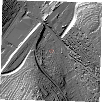 Shaded relief map of the ground around CR82EA, computed from Environment Agency LiDAR. The ground here sits at about 67 m above sea level and falls 63 m across the surrounding 800 m. Surface water reaching this point runs off ground lying to the east, 57.7 m higher.
