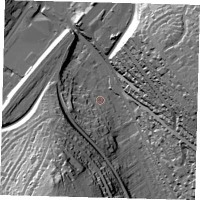 Shaded relief map of the ground around CR82ED, computed from Environment Agency LiDAR. The ground here sits at about 68 m above sea level and falls 66 m across the surrounding 800 m. Surface water reaching this point runs off ground lying to the south-west, 14.7 m higher.