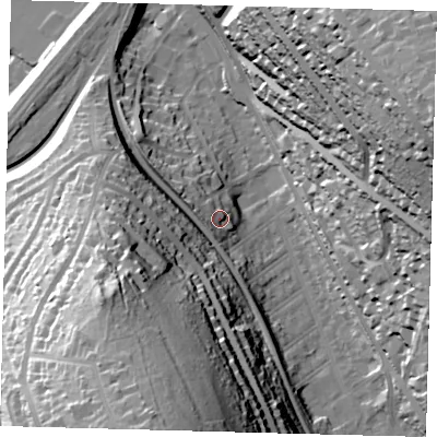 Shaded relief map of the ground around CR82EF, computed from Environment Agency LiDAR. The ground here sits at about 77 m above sea level and falls 66 m across the surrounding 800 m. Surface water reaching this point runs off ground lying to the west, 5.5 m higher.
