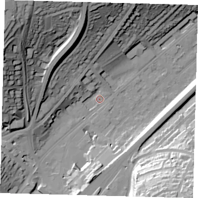 Shaded relief map of the ground around CR82FB, computed from Environment Agency LiDAR. The ground here sits at about 62 m above sea level and falls 52 m across the surrounding 800 m. Surface water reaching this point runs off ground lying to the north, 33.2 m higher.