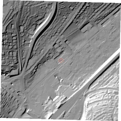 Shaded relief map of the ground around CR82FD, computed from Environment Agency LiDAR. The ground here sits at about 62 m above sea level and falls 54 m across the surrounding 800 m. Surface water reaching this point runs off ground lying to the north, 33.2 m higher.