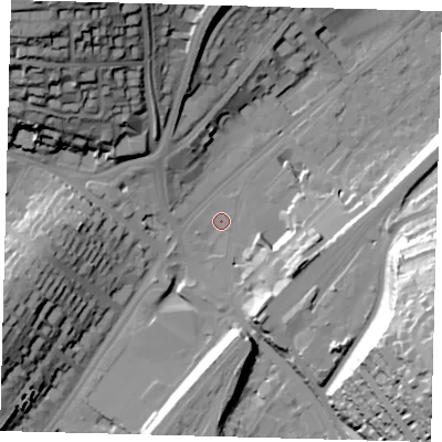 Shaded relief map of the ground around CR82FQ, computed from Environment Agency LiDAR. The ground here sits at about 64 m above sea level and falls 57 m across the surrounding 800 m. Surface water reaching this point runs off ground lying to the north-west, 48.6 m higher.
